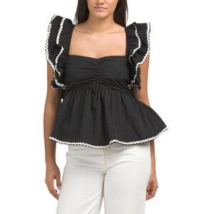 US TOGETHER Black Ric Rac Trim Baby Doll Blouse